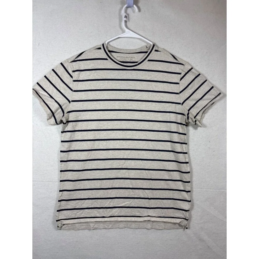 Banana Republic Authentic Tee Mens M Beige Blue Excellent Striped Supima Cotton